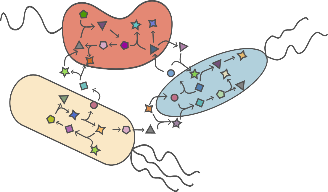 Cartoon of cells engaging in metabolite-mediated interactions